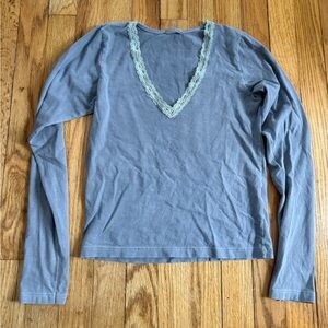 Brandy Melville Dusty Blue Long-Sleeve V-Neck Lace Trim Top